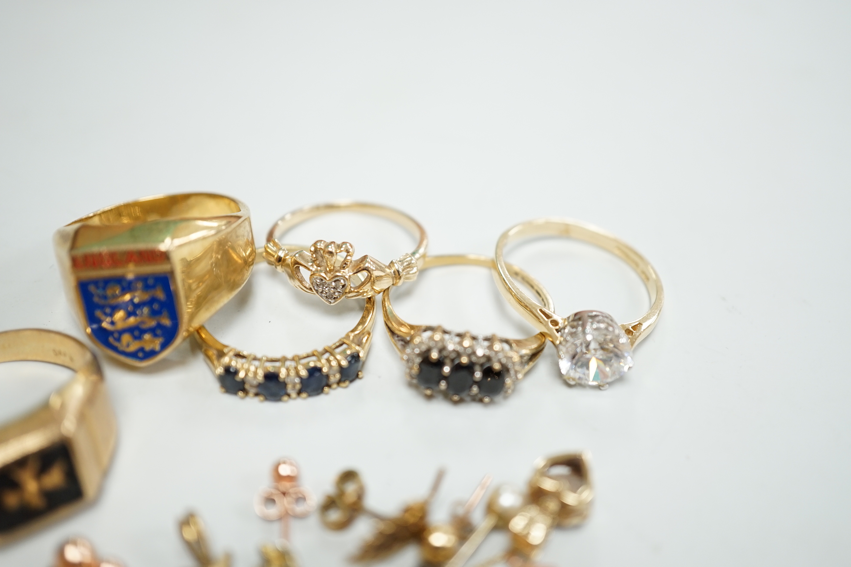 Five assorted 9ct gem set or 375 rings, gross weight 20.5 grams, a 585 and cubic zirconia ring and pendant, gross weight 4.3 grams, together with a 10k and gem set pendant on a 10k chain and assorted ear studs including